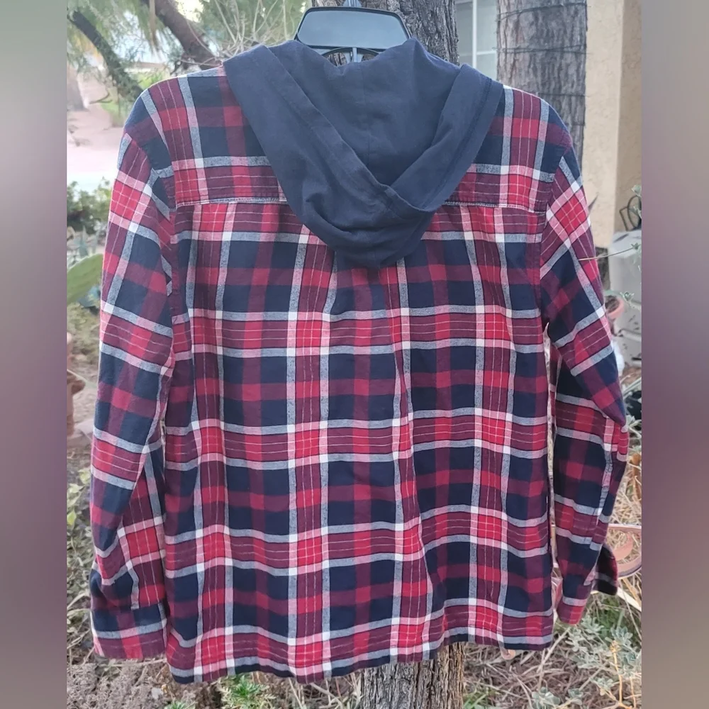 EDDIE BAUER 100% COTTON LINED BUTTON UP HOODIE JACKET SHIRT 3 POCKETS WOMENS SM - Picture 2 of 13